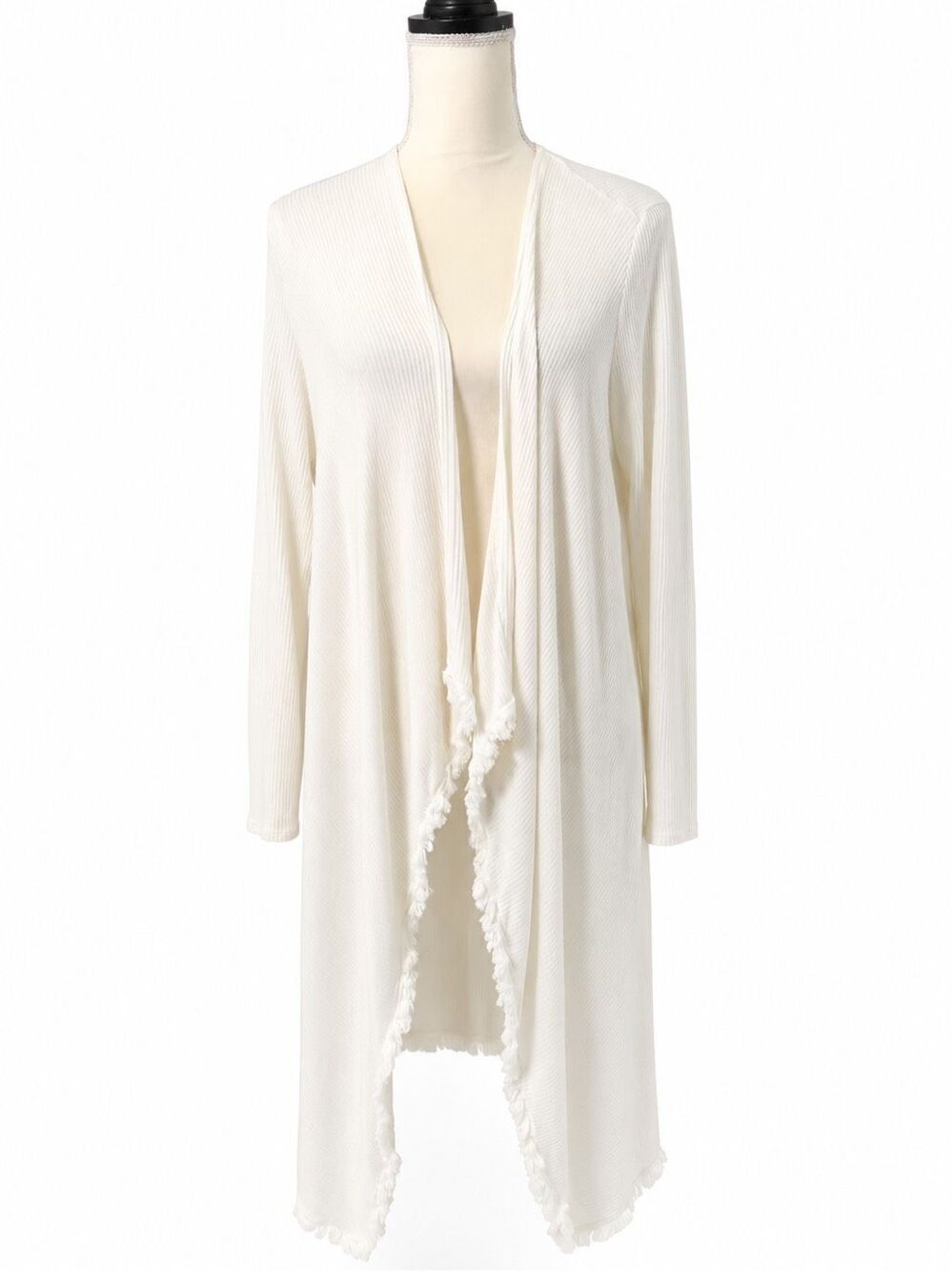 Red Haute Ribbed Duster Cardigan White Open Front Fringe Trim Modal Blend M